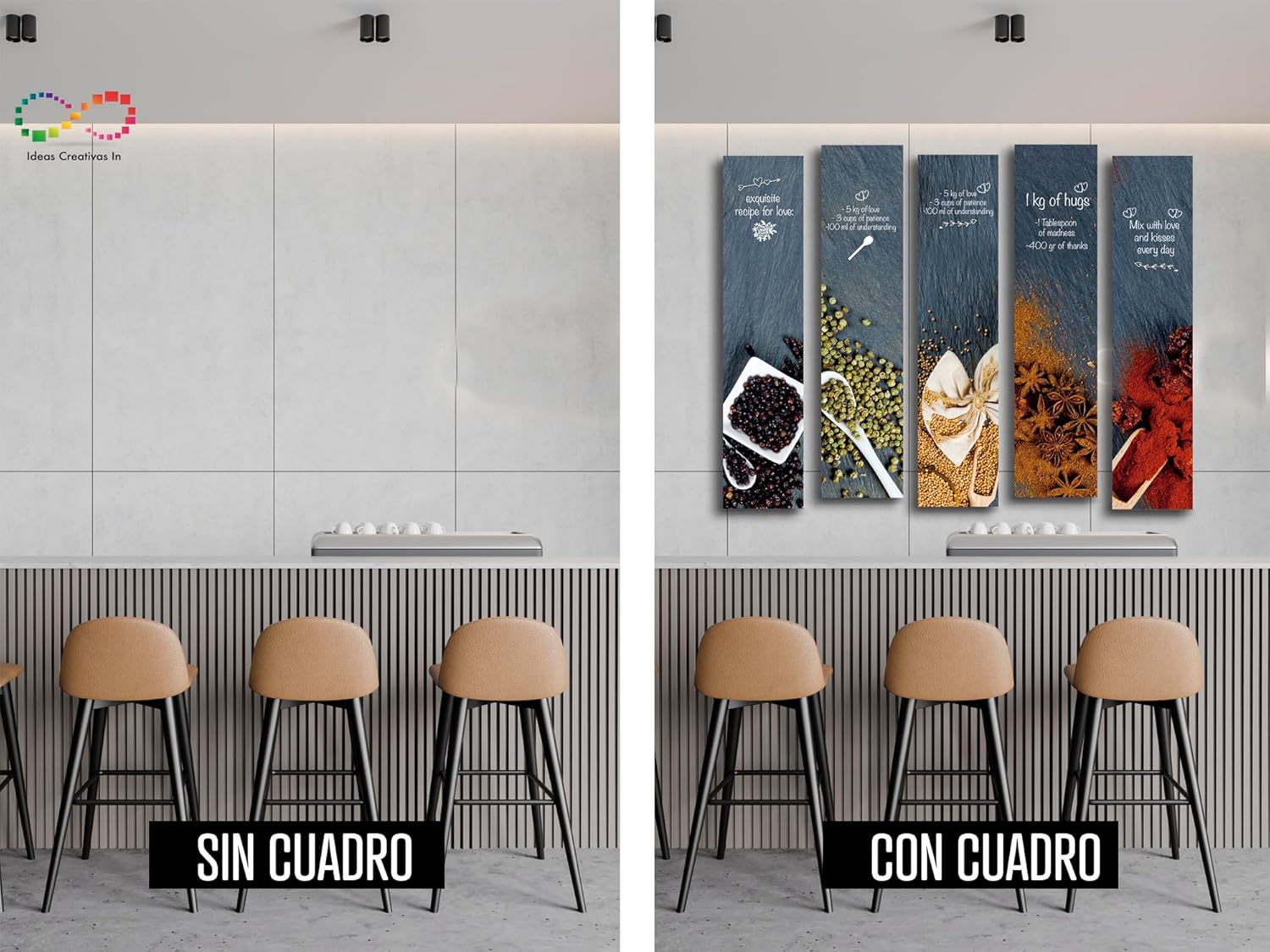 Ideas Creativas In-Set De 5 Cuadros Decorativos Para Cocina Receta de Amor- -Modernos- Especias Para Cocinas Con Frases De amor - Imagen 7