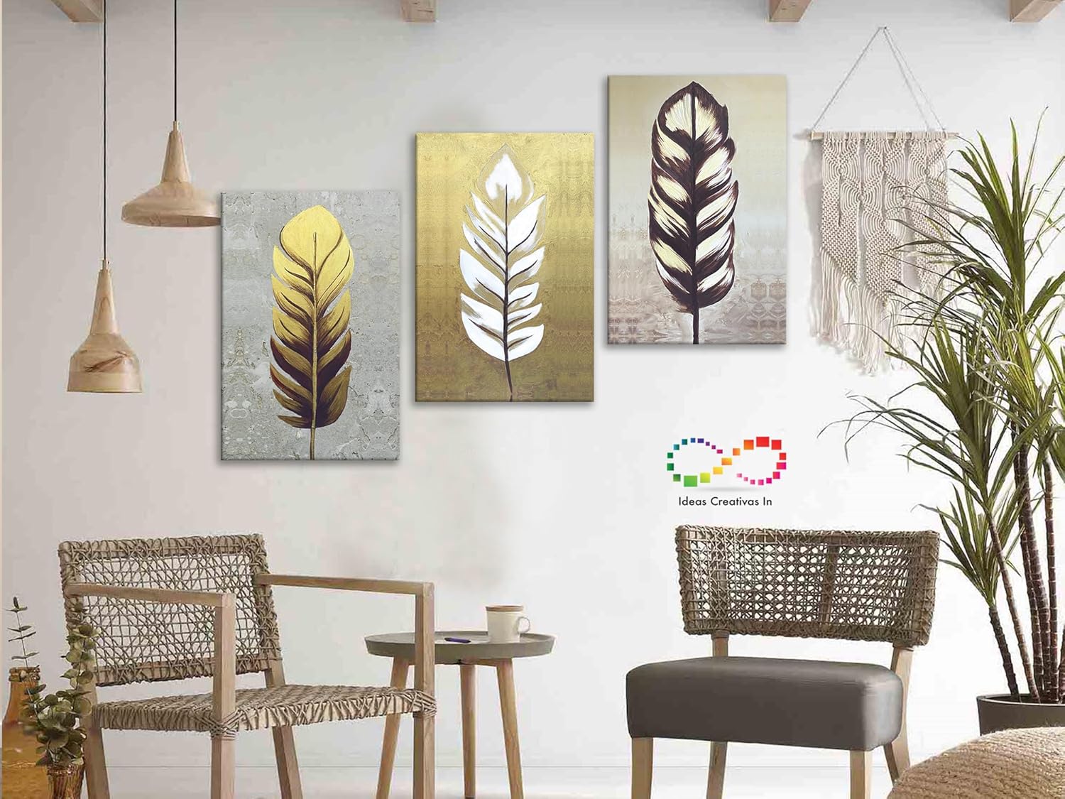 Ideas creativas In-Set de 3 Cuadros Decorativos Para Recamara Sala o Comedor Plumas Oro 40 x 60 cm - Imagen 2