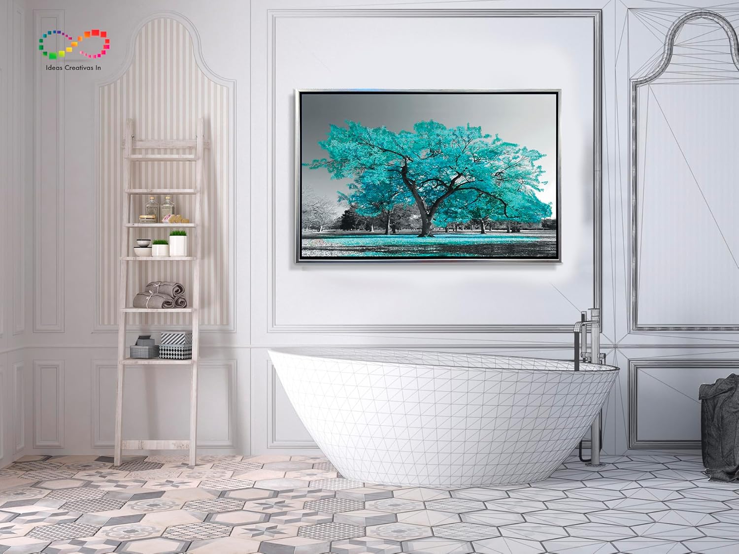 Ideas Creativas In-Cuadro Decorativo Moderno Para Sala Arbol Turquesa Con Marco Flotante Plata- 120 x 80 cm - Imagen 7