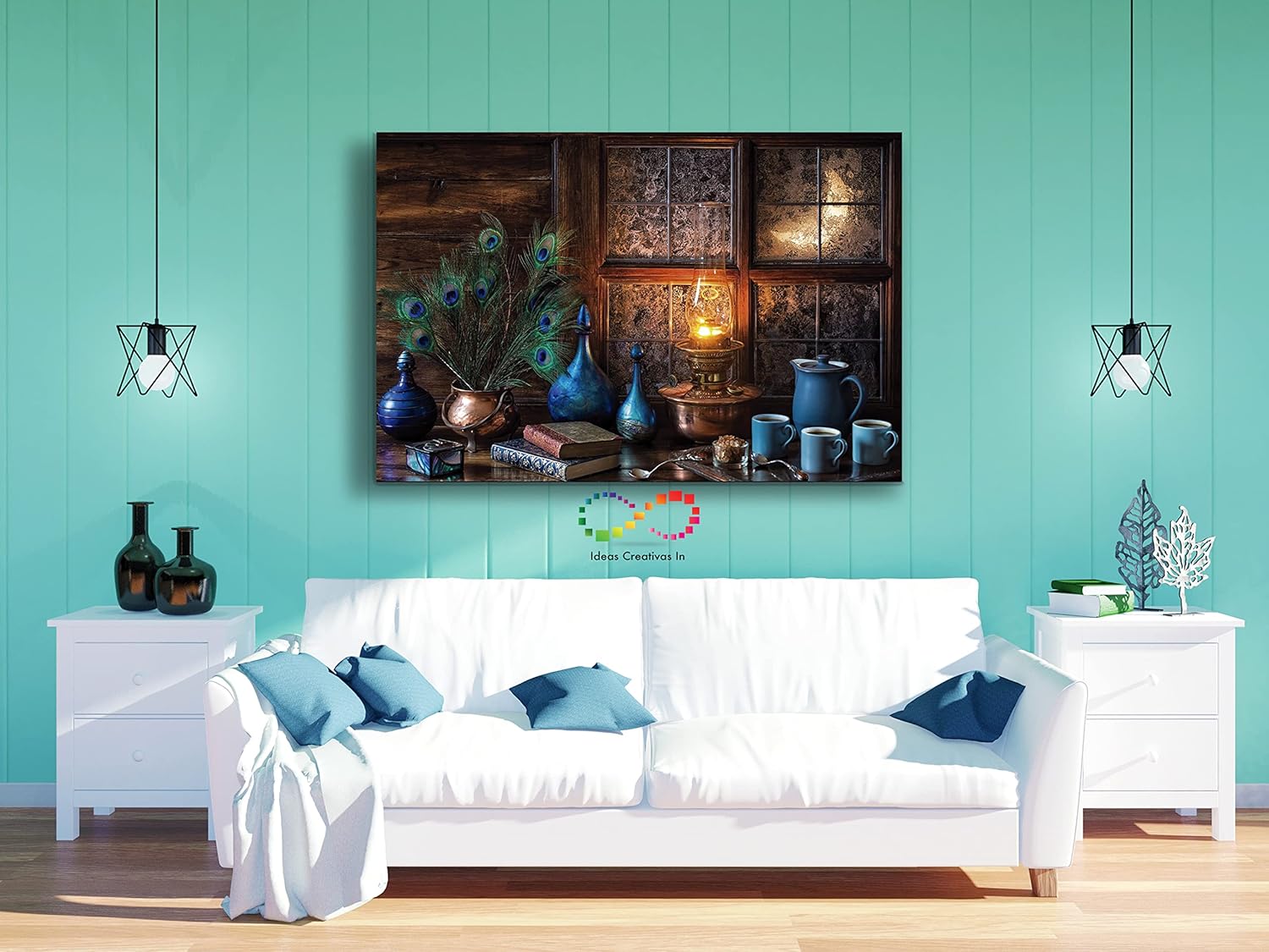 Ideas Creativas in-Cuadro Artístico sobre Lienzo HD - Bodegón Vintage con Plumas de Pavo Real - Tela Sublimada Bastidor de Madera - Decoración Premium 120 x 80 cm - Imagen 8