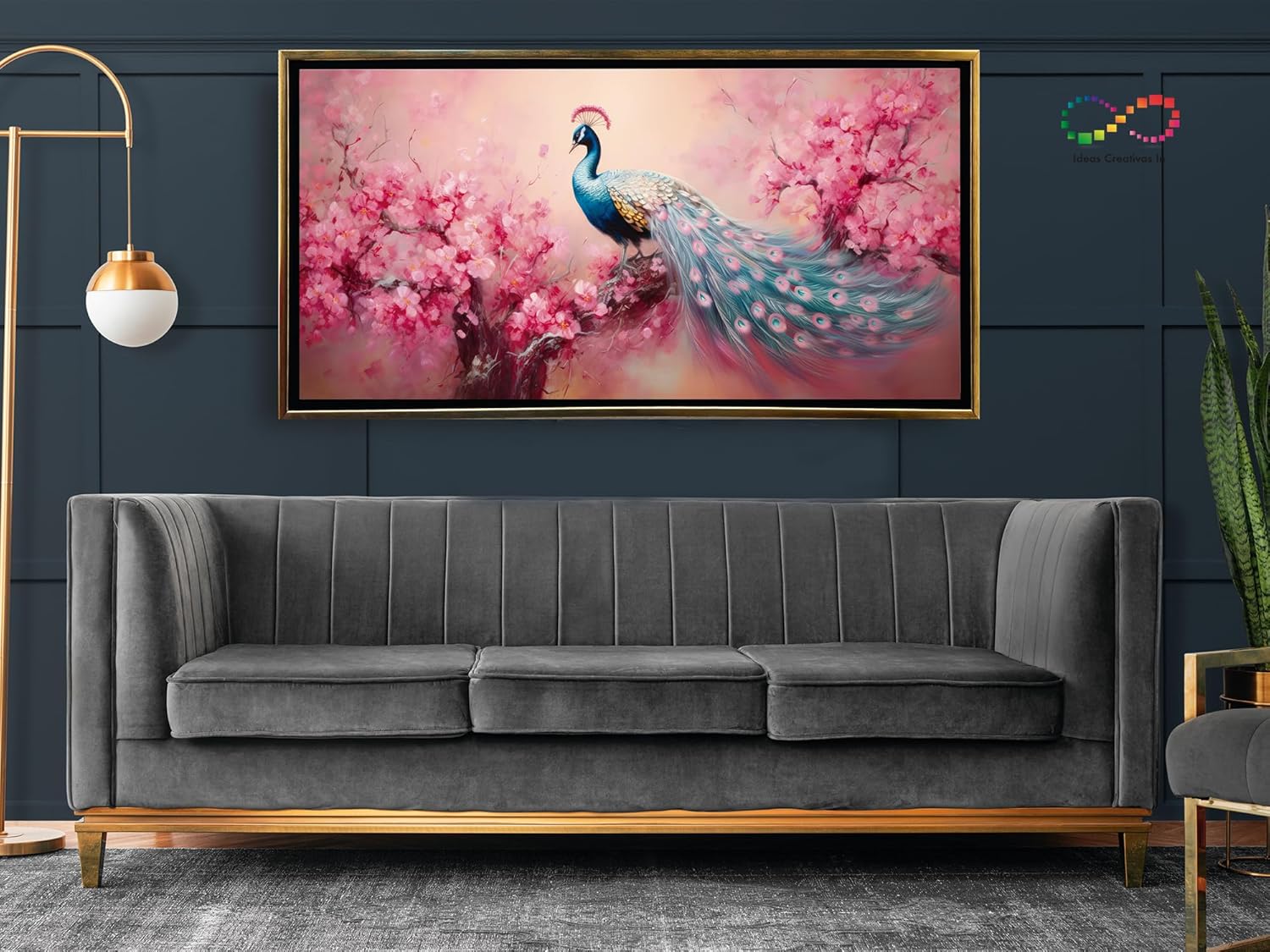 Ideas Creativas In-Cuadro Decorativo Moderno Con Marco Flotante Para Sala Recamara Oficina Pavo Real Flores Rosas (Oro) Sublimacion-140x70 - Imagen 2