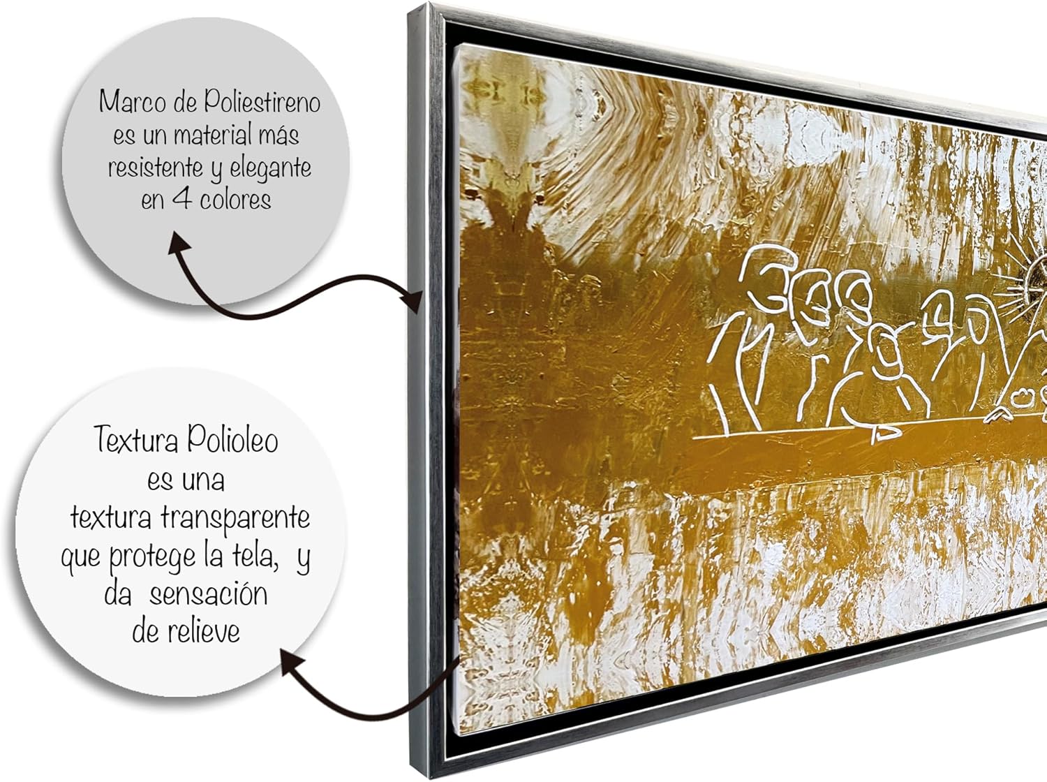 Ideas Creativas in-Cuadro Decorativo Canvas Marco Flotante Para Comedor Cocina Ultima Cena Tonbos Dorados Calidad Premium (Plata)-Textura Oleo-140x70 cm - Imagen 3