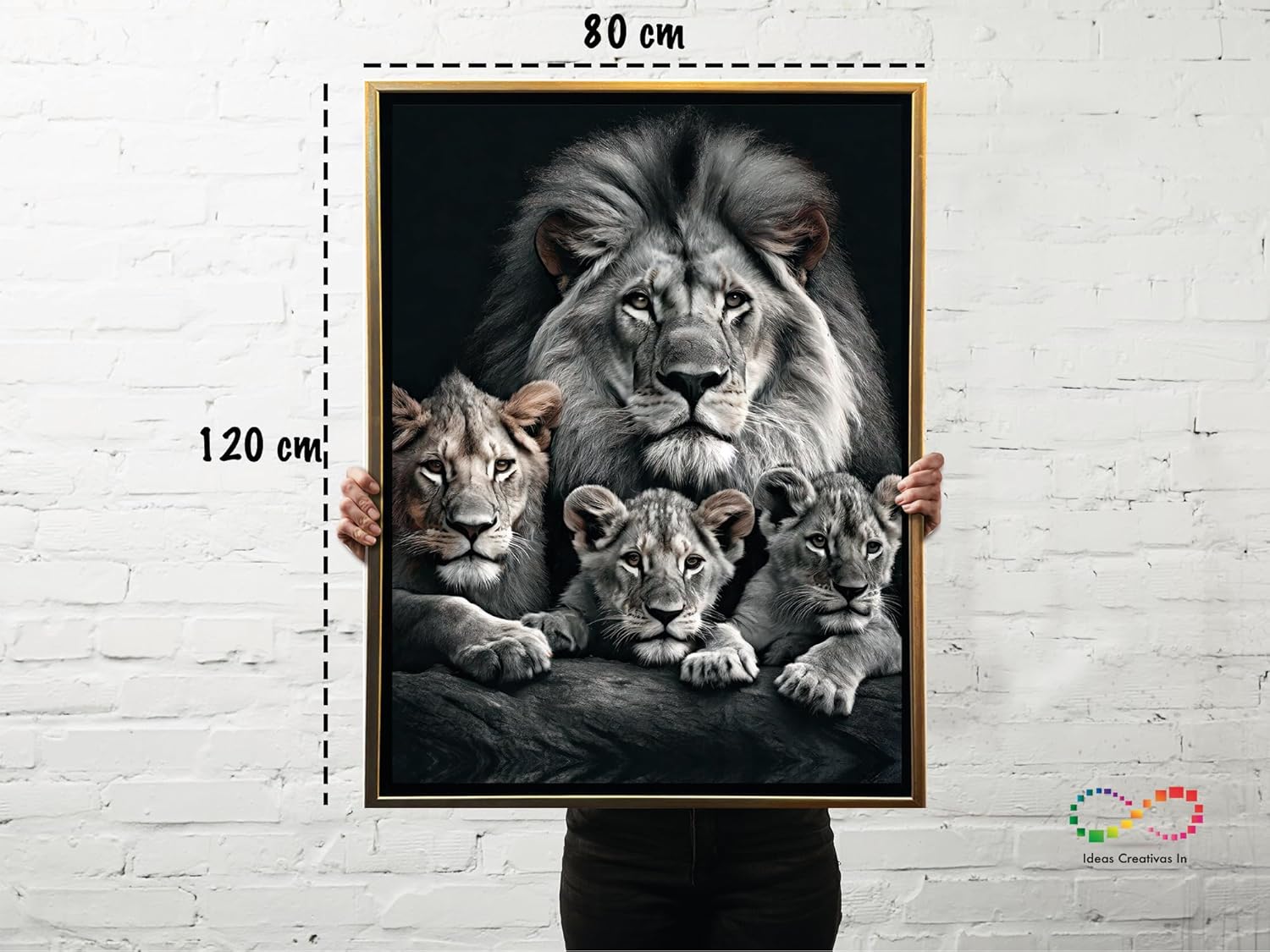 Ideas Creativas In-Cuadro Decorativo Canvas Con Marco Flotante Para Sala Recamara Oficina Bar Familia De Leones Moderno-Blanco y Negro 80 cm x 120 cm (Oro) - Imagen 7