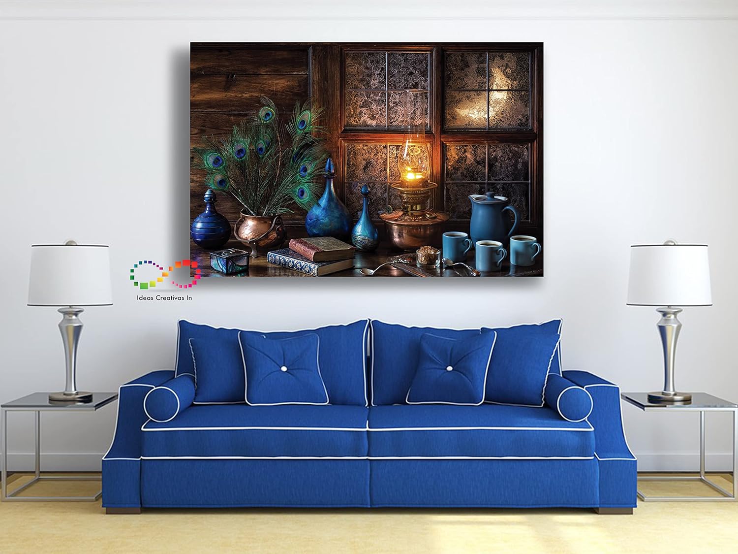 Ideas Creativas in-Cuadro Artístico sobre Lienzo HD - Bodegón Vintage con Plumas de Pavo Real - Tela Sublimada Bastidor de Madera - Decoración Premium 120 x 80 cm - Imagen 4