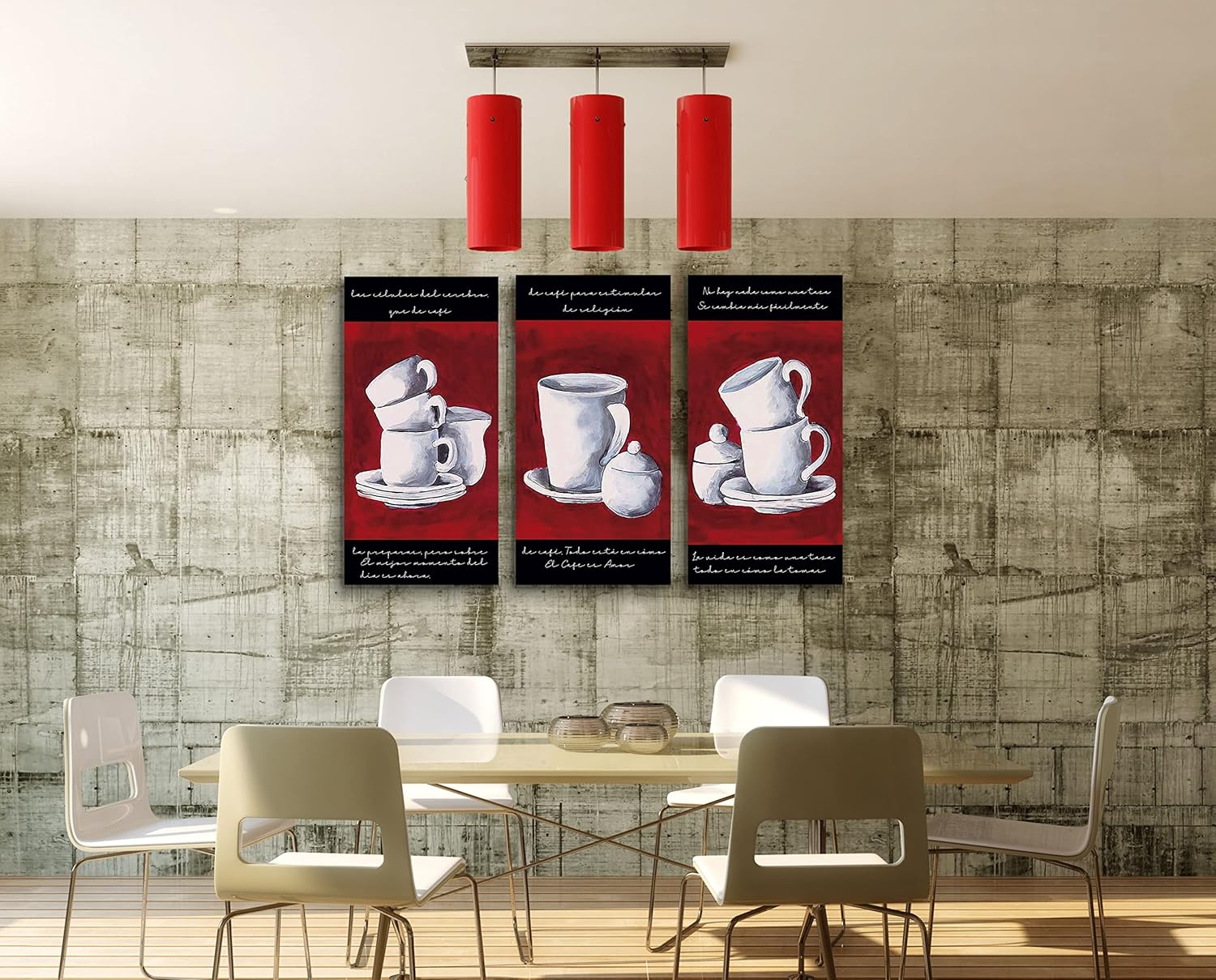 Set de 3 cuadros decorativos para cocina o comedor tazas rojas - Imagen 2
