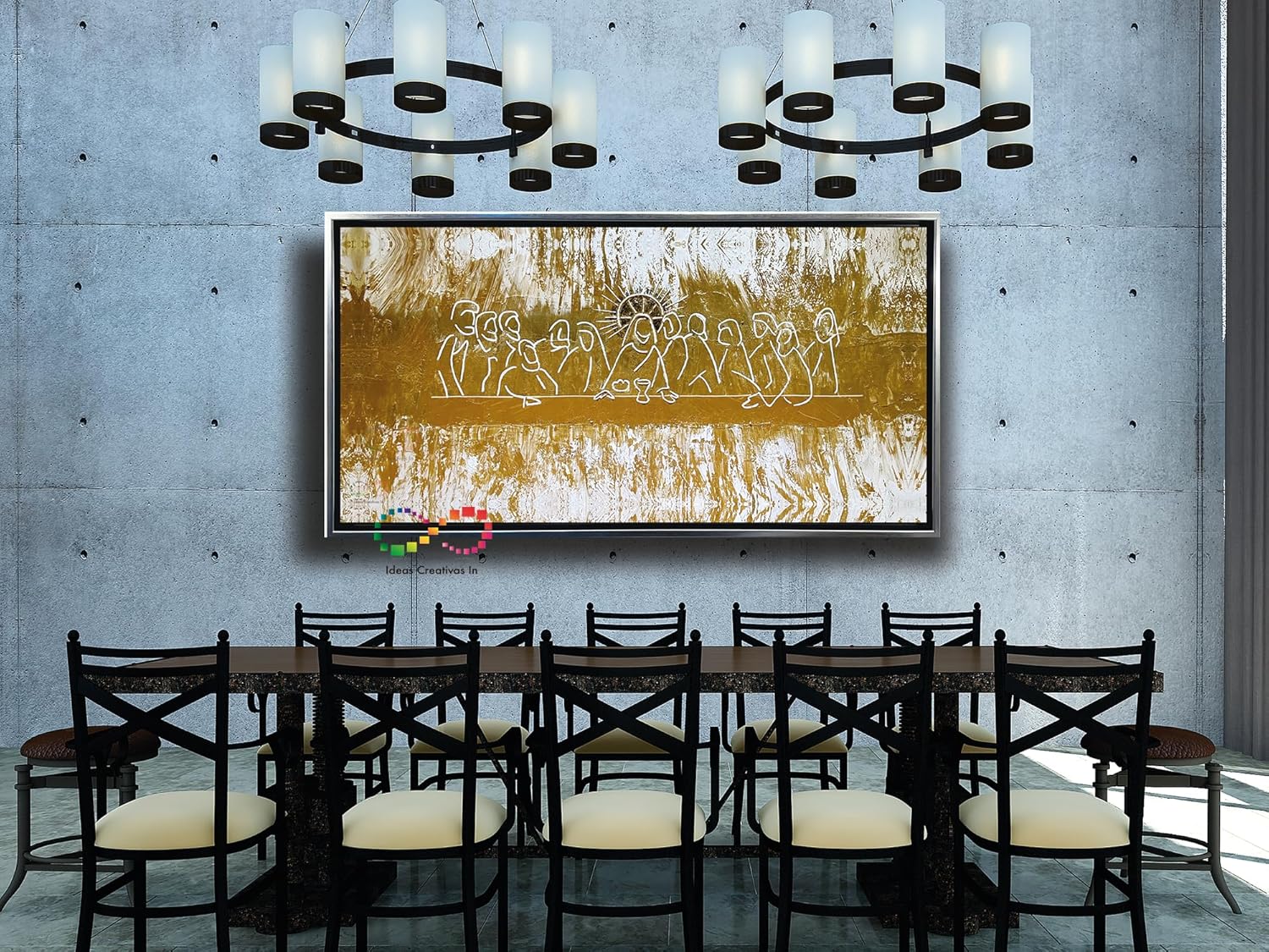 Ideas Creativas in-Cuadro Decorativo Canvas Marco Flotante Para Comedor Cocina Ultima Cena Tonbos Dorados Calidad Premium (Plata)-Textura Oleo-140x70 cm - Imagen 5