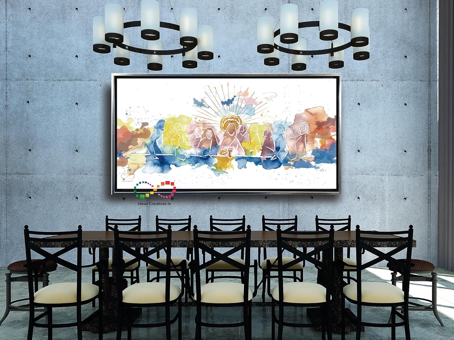 Ideas creativas in-Cuadro Decorativo Canvas Marco Flotante Para Comedor Cocina Ultima Cena Abstracta Acuarela Ideas Creativas In Calidad Premium (Plata) Textura Oleo-140x70 - Imagen 4